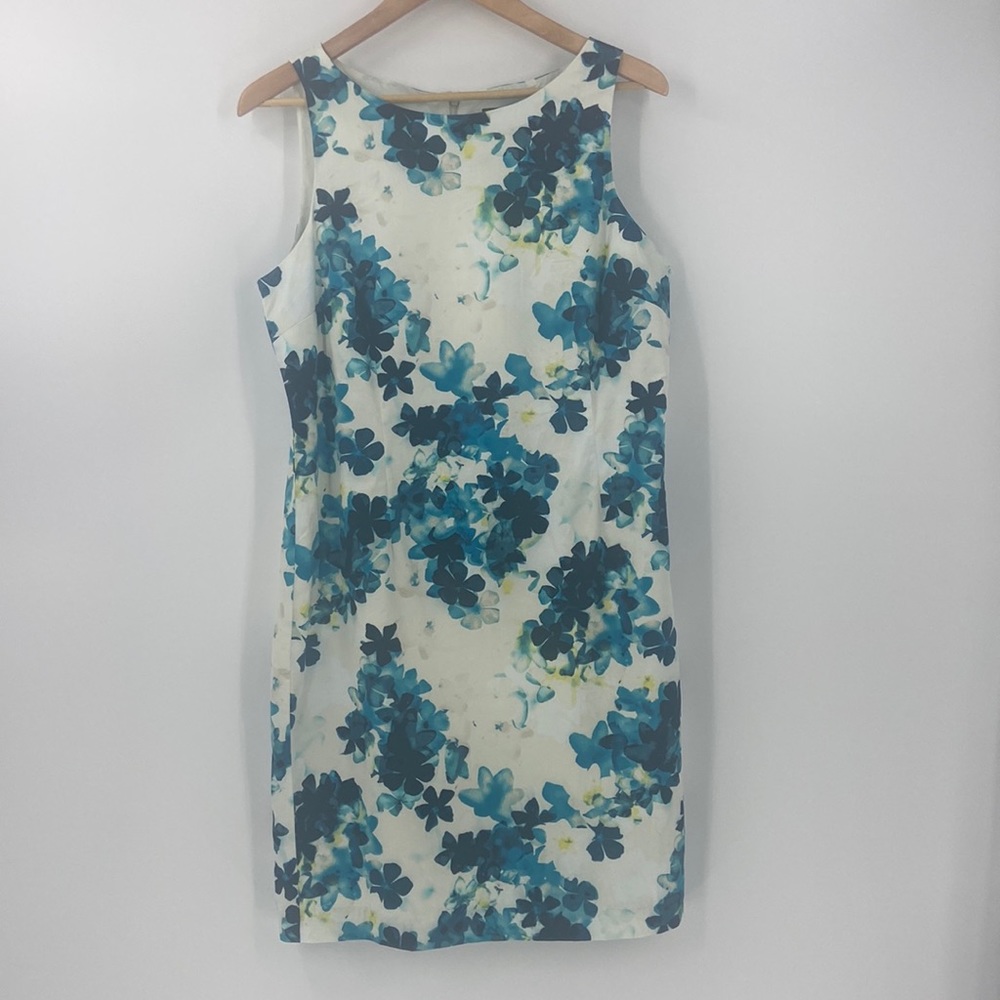 Ann Taylor cream and shades of ocean blue floral watercolors sheath dress summer